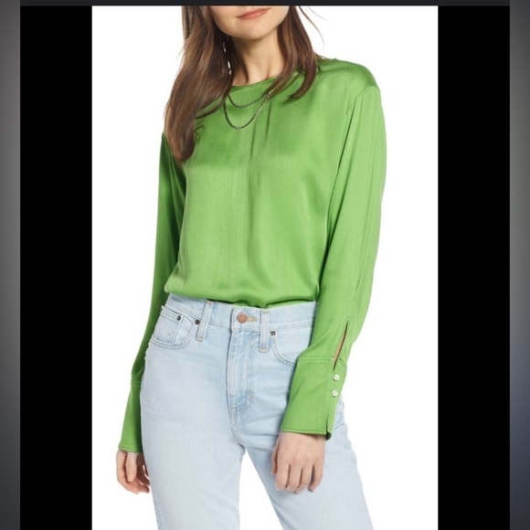 Something Navy Easy Woven Top Long Sleeve Keyhole back in Kelly Green NWOT - Picture 3 of 9